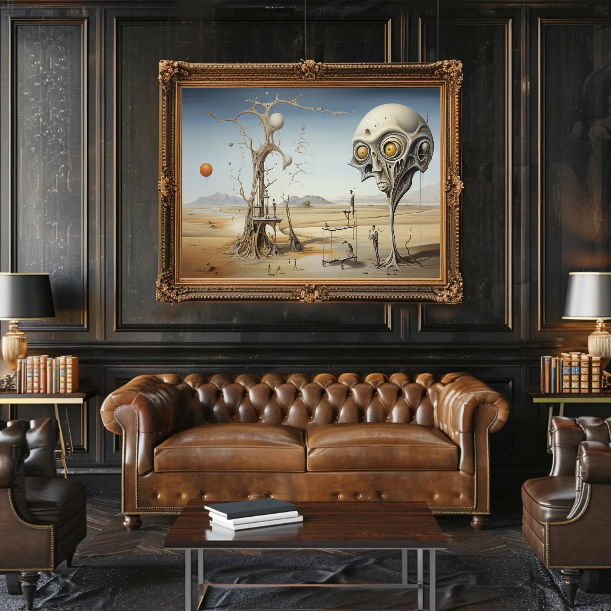 Surreal Desert Scene with Skull and Balloons Abstract Poster