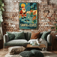 Santa's Whimsical Ice Fishing Vintage Christmas Poster