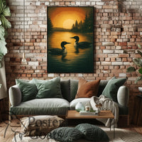 Serene Lake Scene with Loons and Sunset - Animal Poster