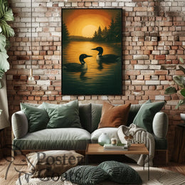 Serene Lake Scene with Loons and Sunset - Animal Poster