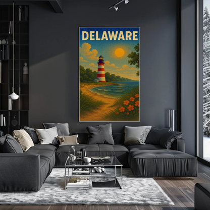 Delaware Striped Lighthouse Sunset Beach Travel Poster