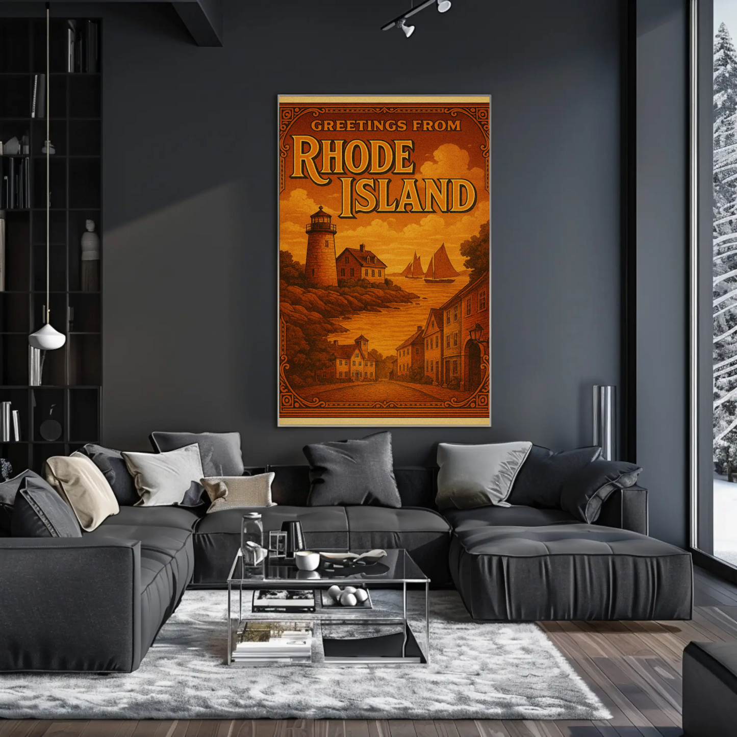 Greetings From Rhode Island Coastal Vintage Lighthouse Travel Poster Travel Poster