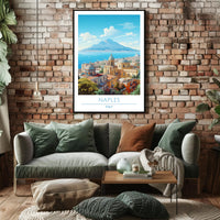 Naples Architecture with Mount Vesuvius Travel Poster