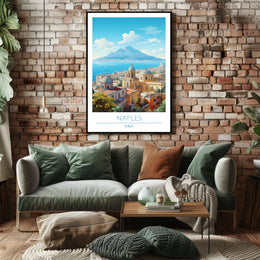 Naples Architecture with Mount Vesuvius Travel Poster