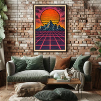 Retro-Futuristic Sunset over Mountains: Futuristic Sci-Fi Poster