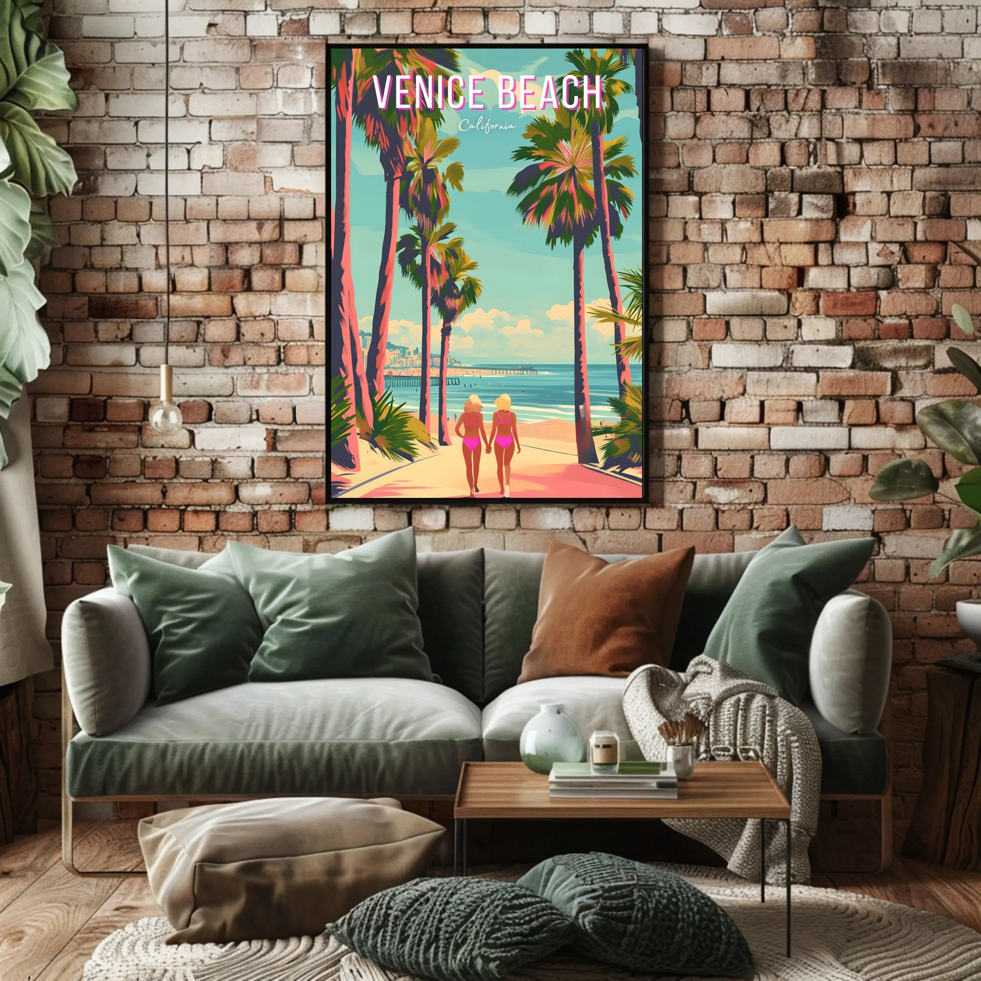 Venice Beach Vintage Travel Art with Palm Trees Scene Travel Poster