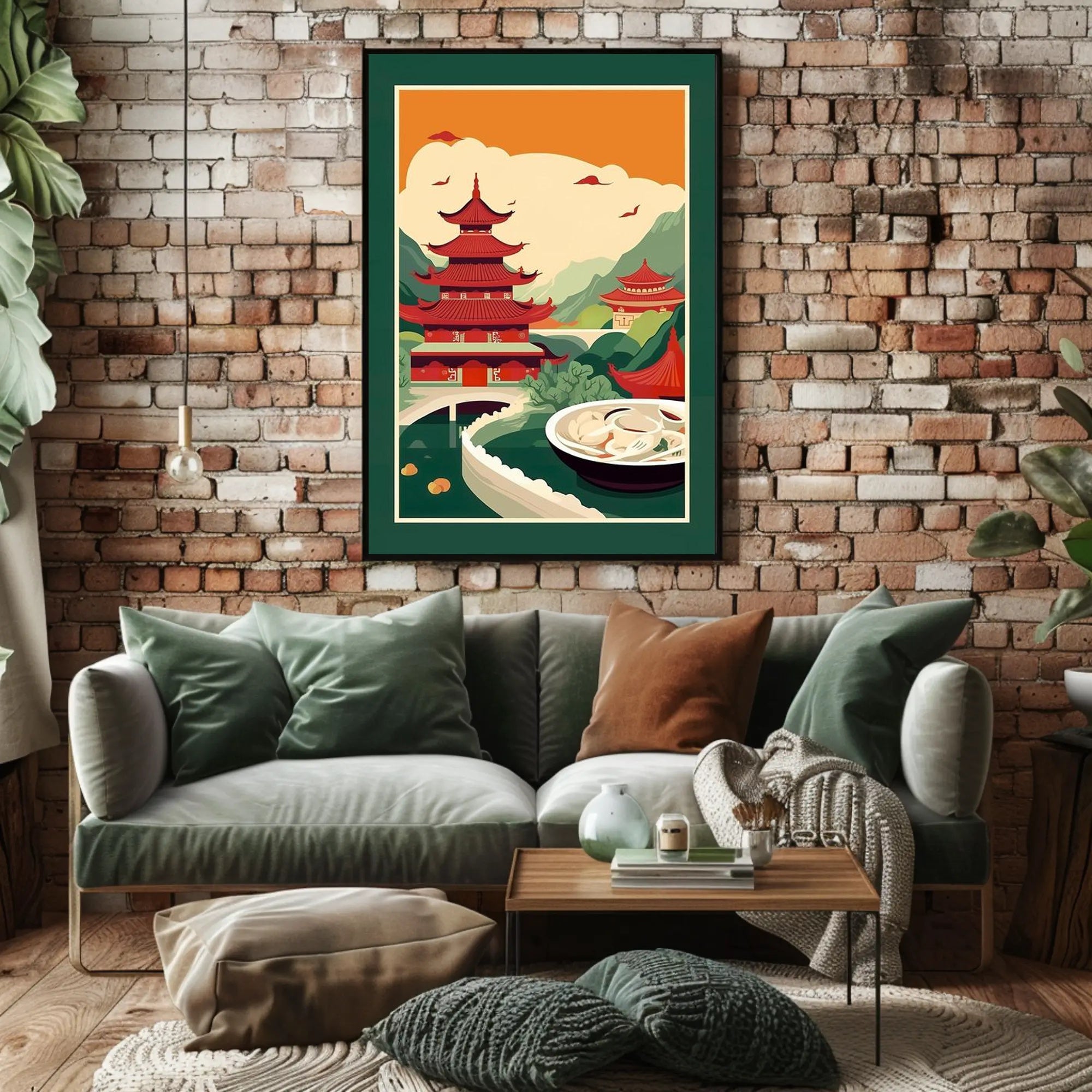 Title: Serene Asian Landscape with Culinary Fusion Poster