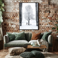 Winter Serenity: Dog Walker in Snowy Landscape