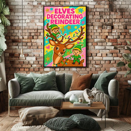 Elves Decorating Reindeer Poster
