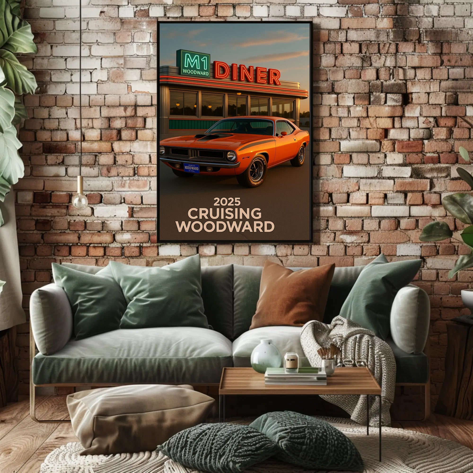 Classic Muscle Car and Diner Scene Retro Travel Poster