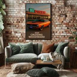 Classic Muscle Car and Diner Scene Retro Travel Poster