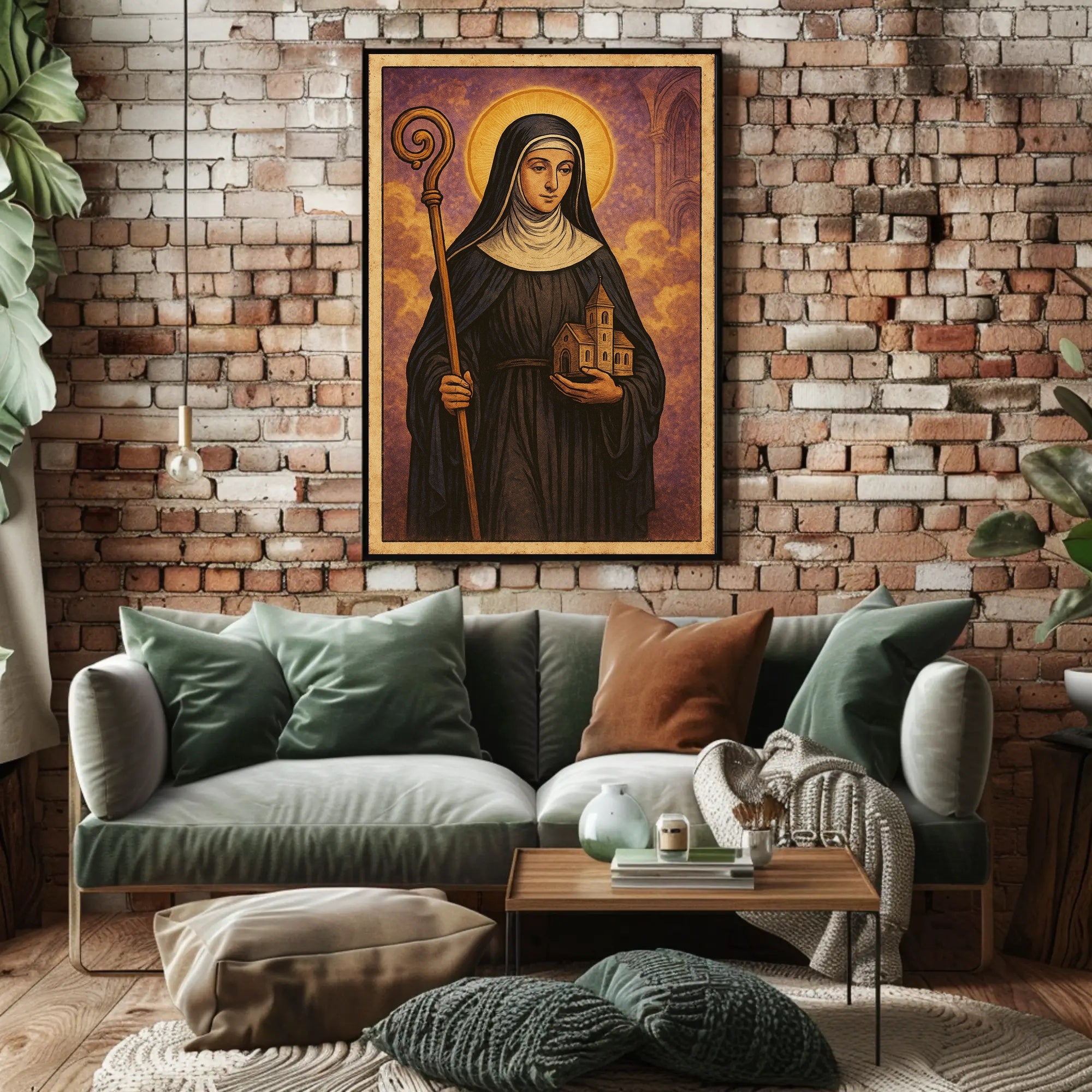 Saintly Figure with Church Poster PosterGoat