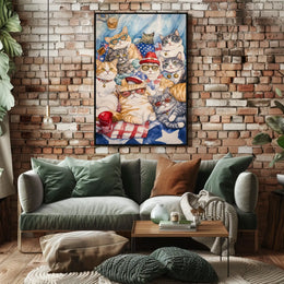 Patriotic Cats Gather On American Flag Picnic Blanket Poster
