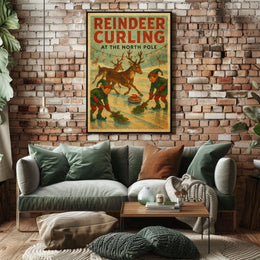 Reindeer Curling at the North Pole Poster