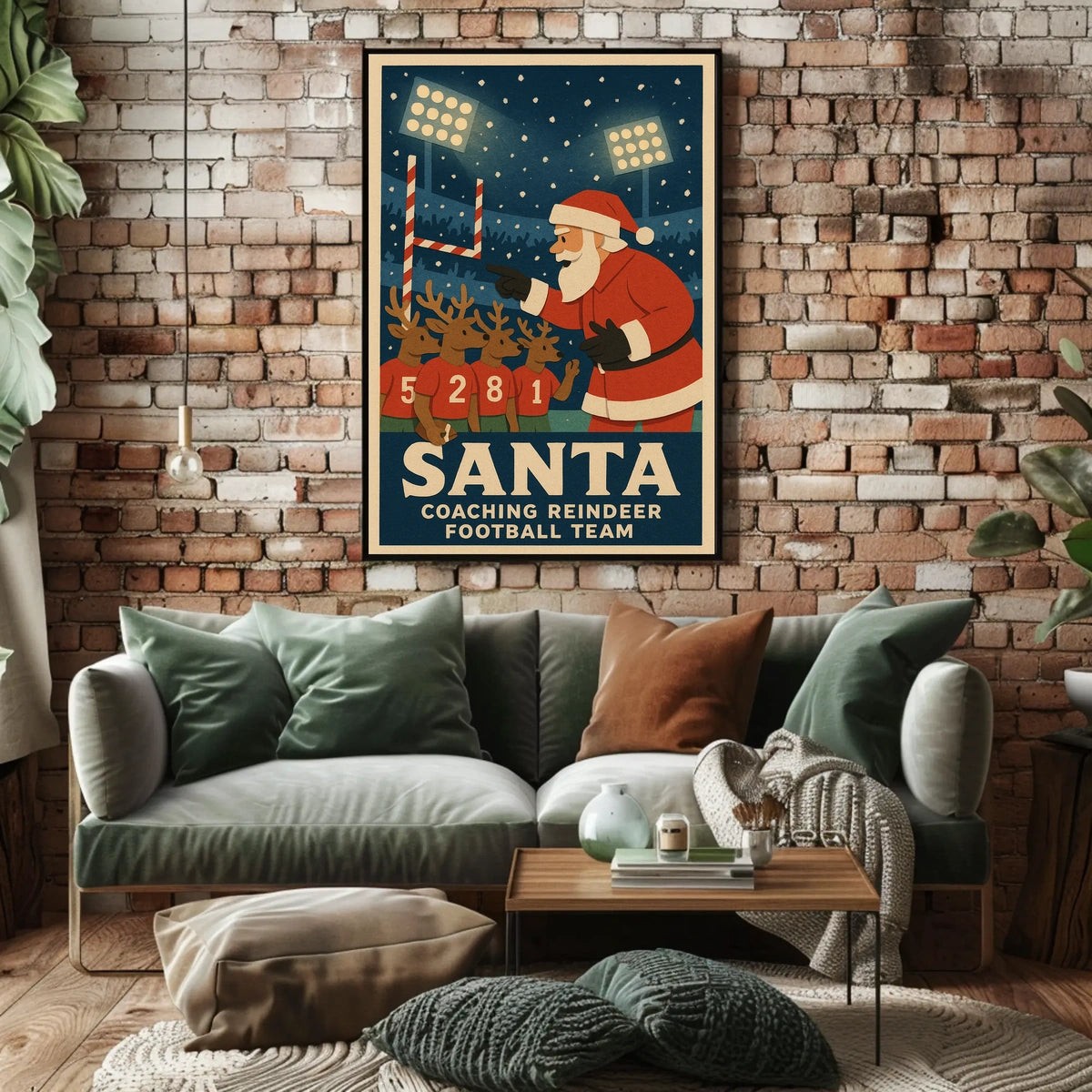 Santa Coaches Reindeer in Vintage Football Scene