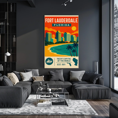 Fort Lauderdale Florida Skyline Palms Sunset Travel Poster