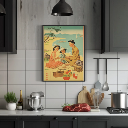 Japanese Family Picnic Seaside Summer Vintage Travel Poster