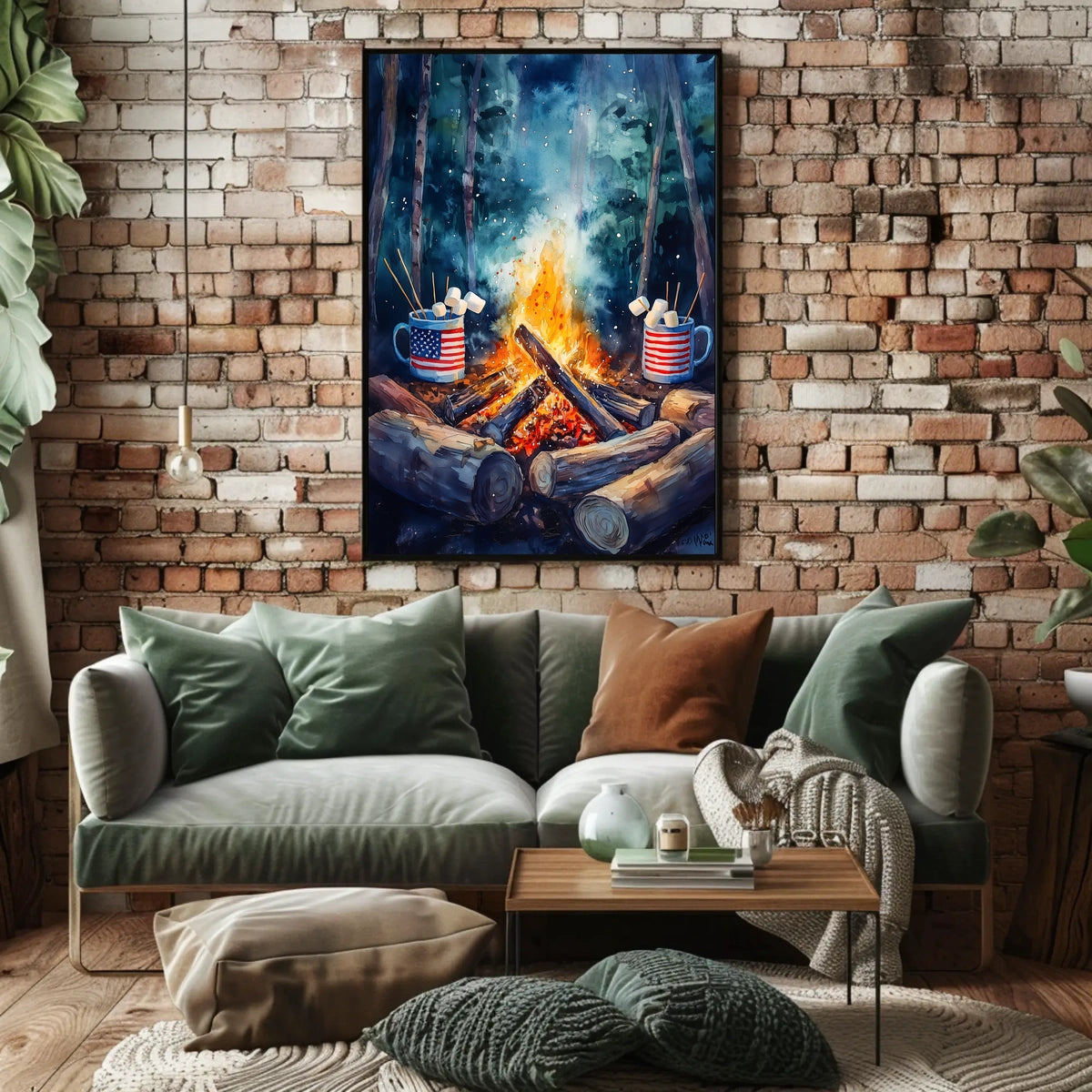 Cozy Campfire Night With American Flag Mugs Outdoor Poster