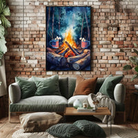 Cozy Campfire Night With American Flag Mugs Outdoor Poster