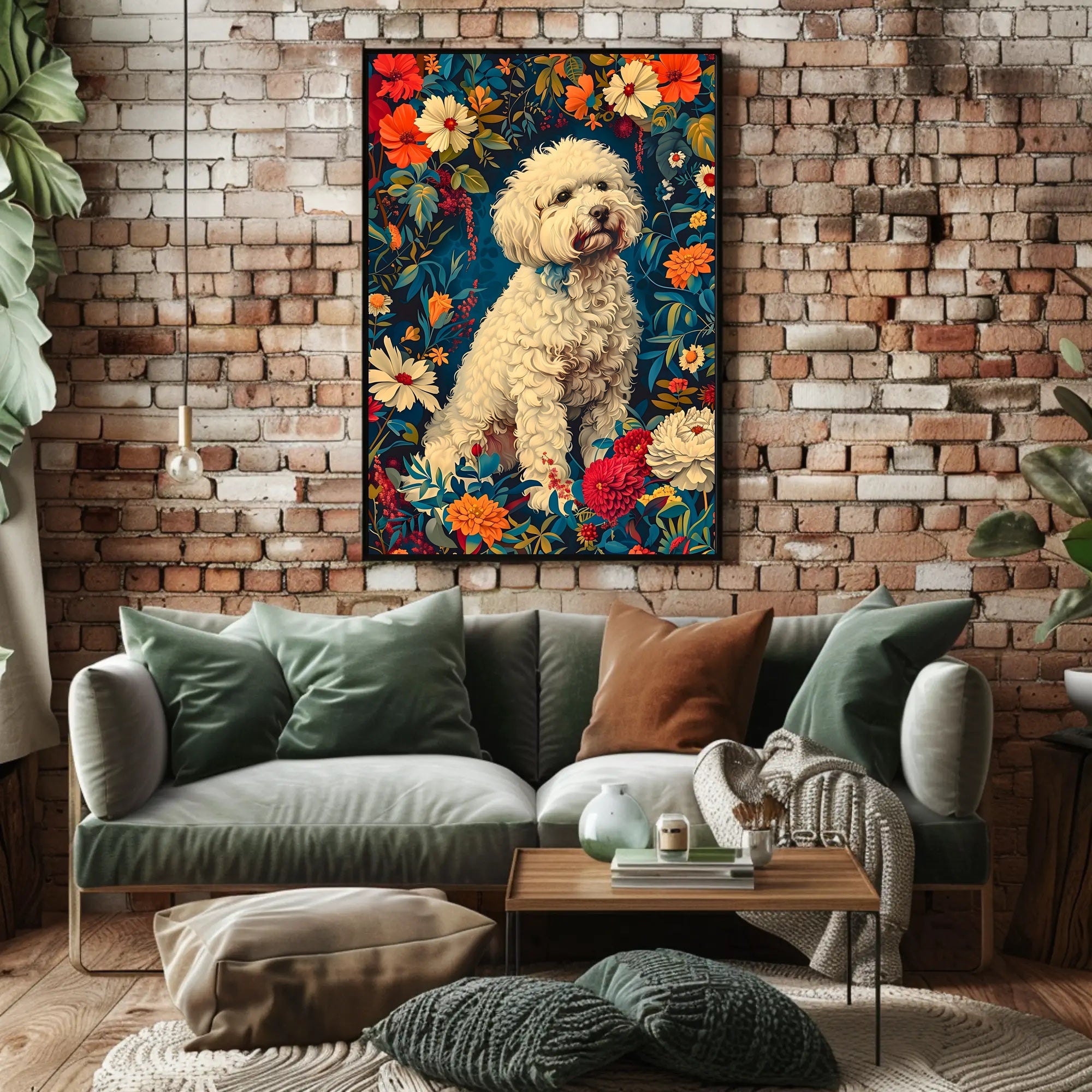 Fluffy Dog in Flower Garden Animal Poster
