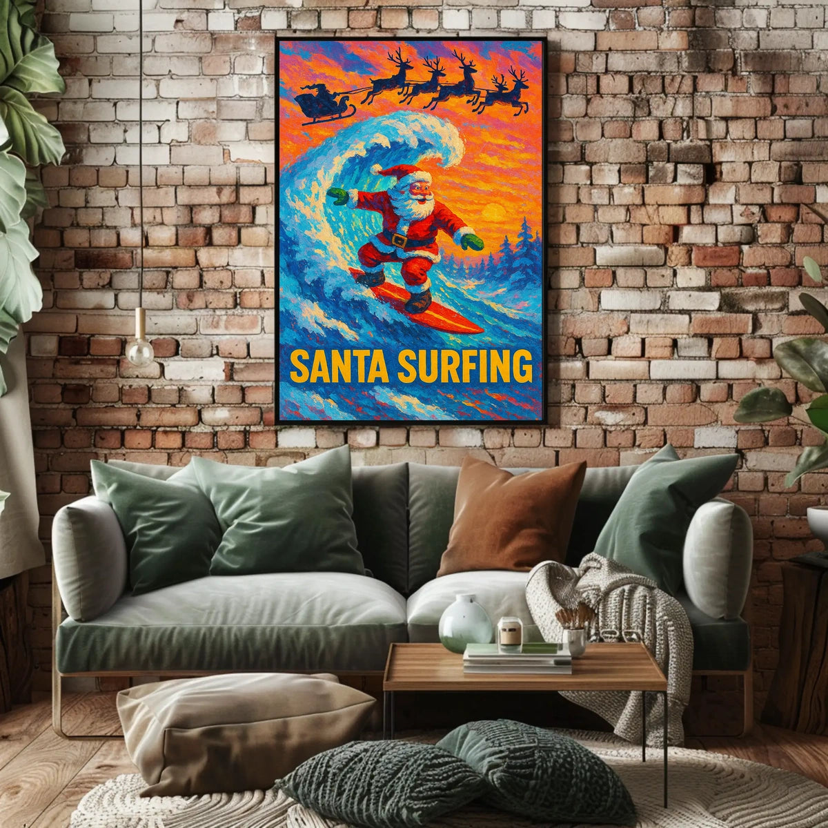 Santa Surfing Poster: Festive Beach Adventure Art