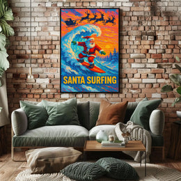 Santa Surfing Poster: Festive Beach Adventure Art