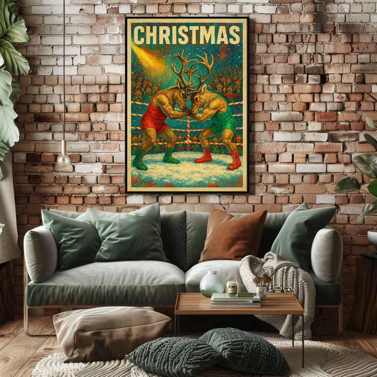 Whimsical Reindeer Wrestling Christmas Fantasy or Mythology Poster