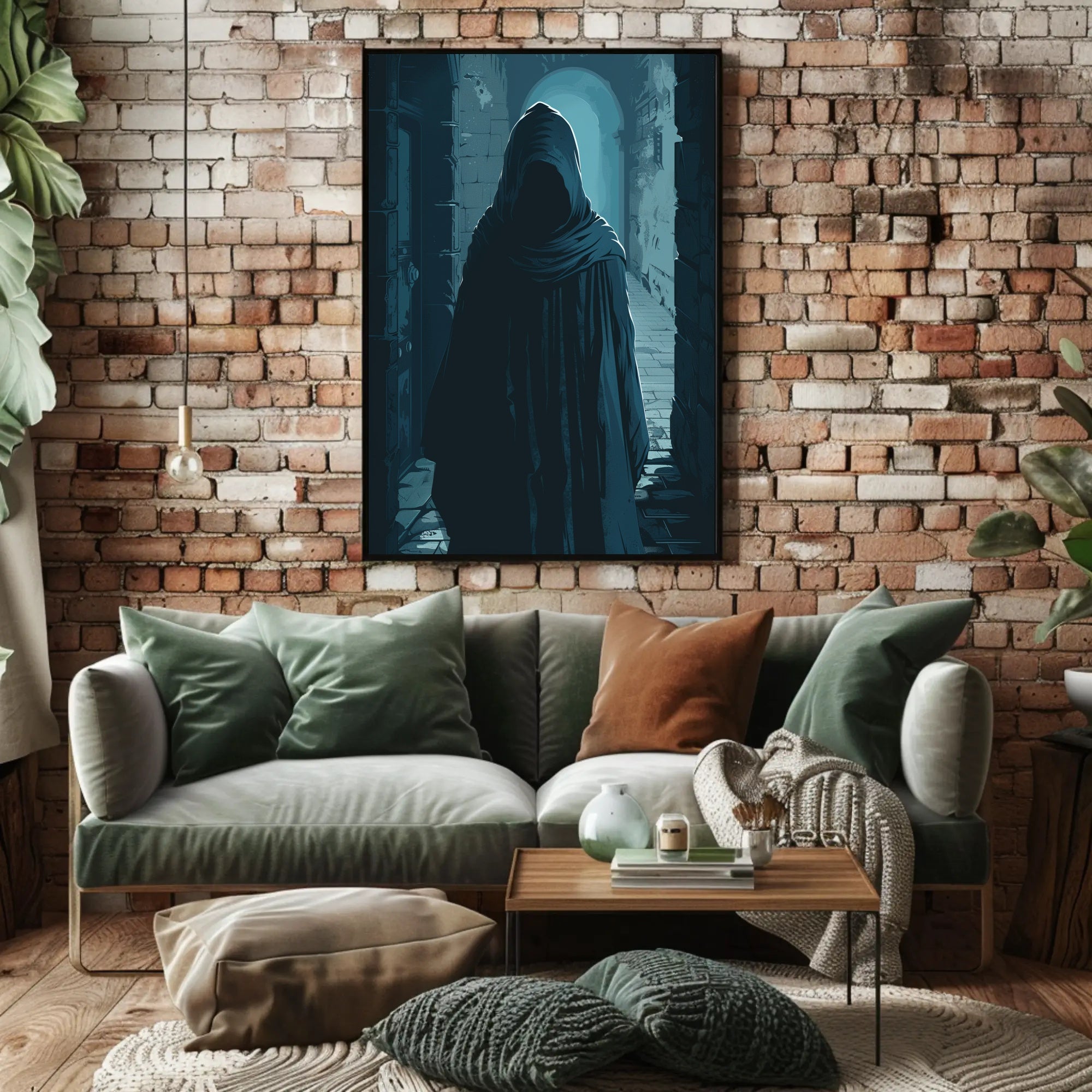 Mysterious Cloaked Figure in Gothic Stone Corridor PosterGoat