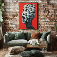 Surreal Faces Collage Poster: Red Background Art PosterGoat