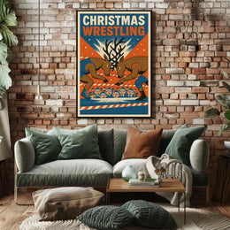 Christmas Wrestling Reindeer Vintage Holiday Poster Art