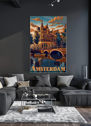 Amsterdam Canals Historic Architecture Boats Scenic Travel Poster