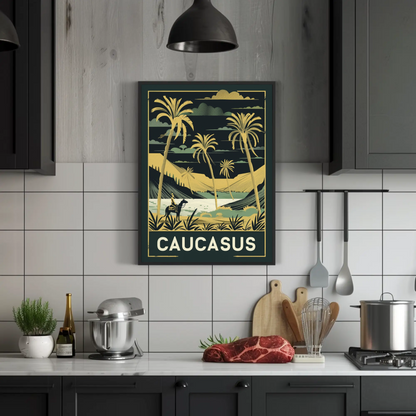 Caucasus Desert Palms Camel Rider Landscape Vintage Travel Poster