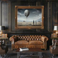 Surreal Metallic Sphere Floats in Desolate Sci-Fi Landscape Poster