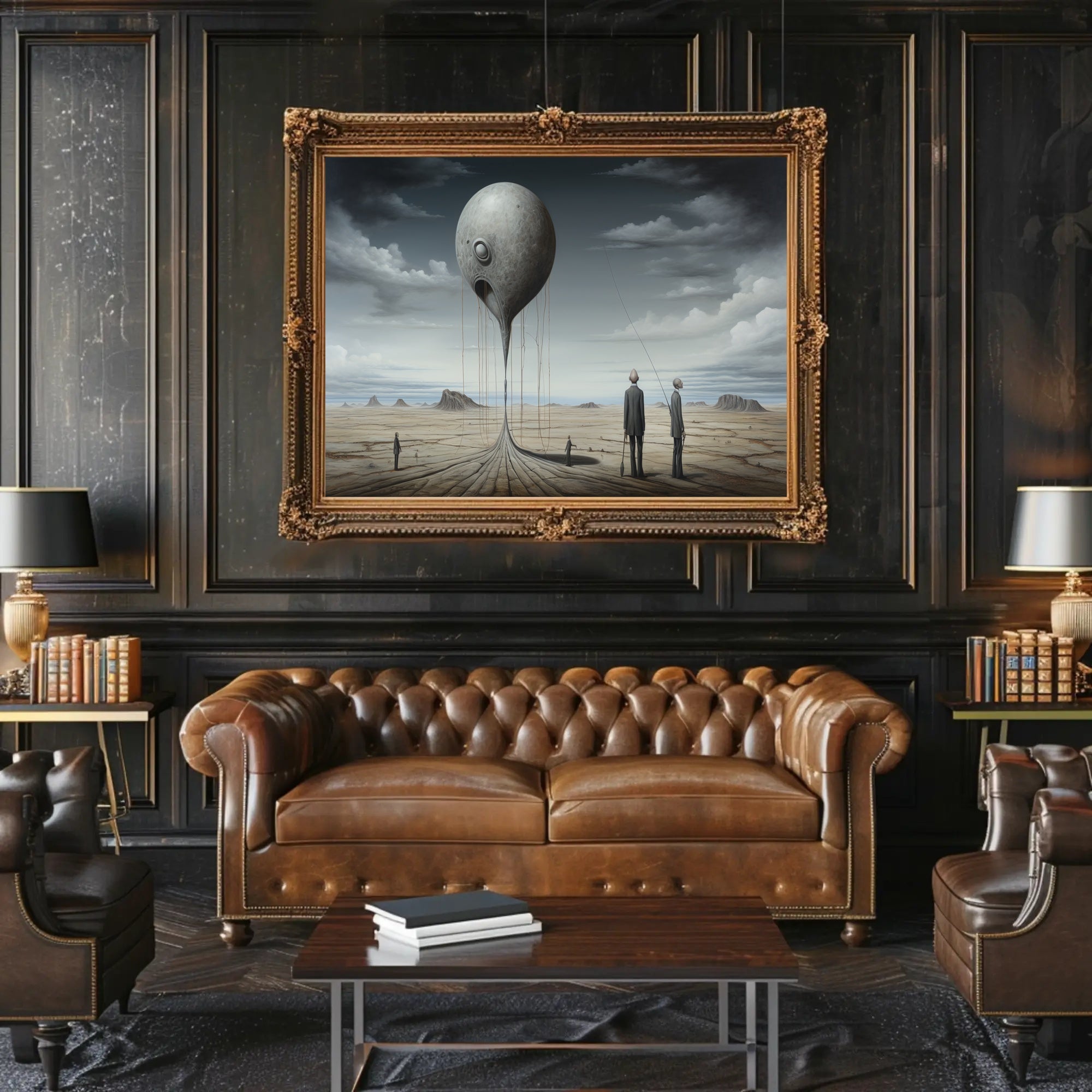 Surreal Metallic Sphere Floats in Desolate Sci-Fi Landscape Poster