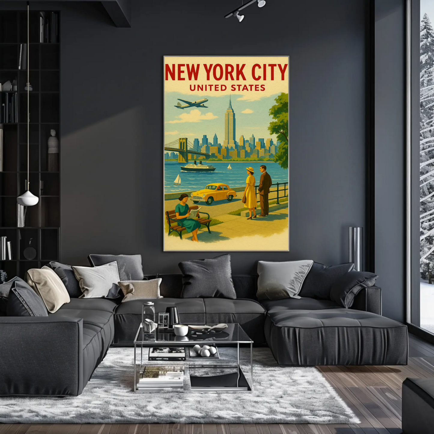 New York City 1950s Skyline Brooklyn Bridge Travel Poster