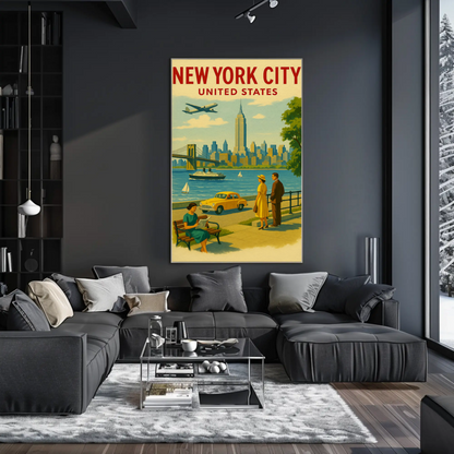 New York City 1950s Skyline Brooklyn Bridge Travel Poster