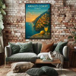 The poster showcases the Amalfi Coast in Italy, emphasizing its timeless beauty and Travel Poster