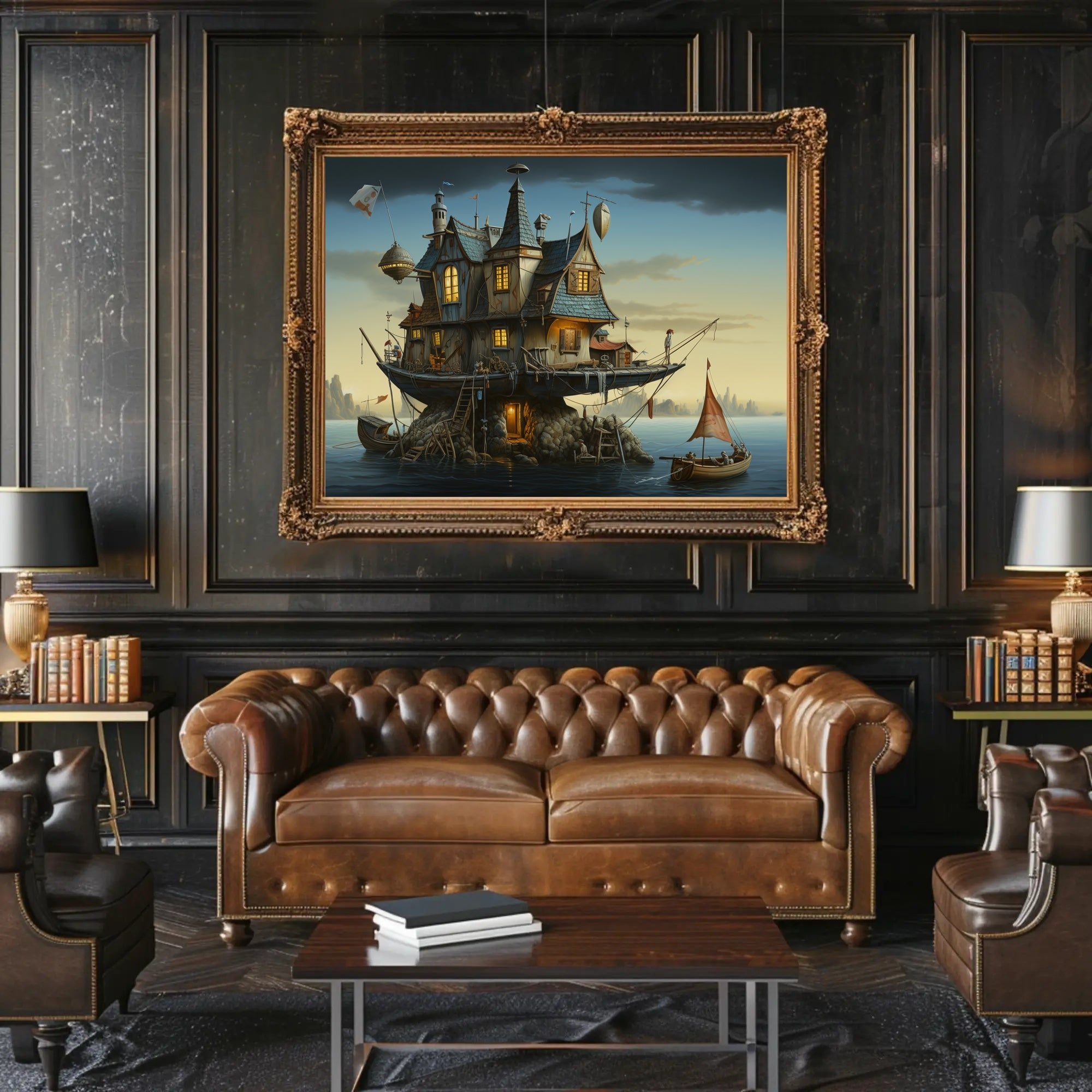Whimsical Houseboat at Dusk in Fantasy Poster