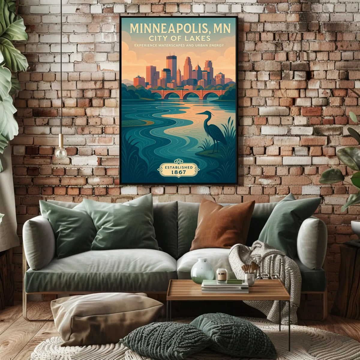 The poster depicts a serene and picturesque representation of Minneapolis, Minnesota, known as Travel Poster