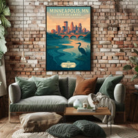 The poster depicts a serene and picturesque representation of Minneapolis, Minnesota, known as Travel Poster