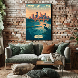 The poster depicts a serene and picturesque representation of Minneapolis, Minnesota, known as Travel Poster