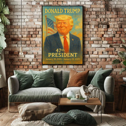 Donald Trump Dynamic Patriot Leadership Portrait Pop Art Realism Vibrant Flag Backdrop Collector Poster