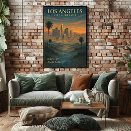 Los Angeles Skyline Sunset Art Poster: Dreamy Illustration