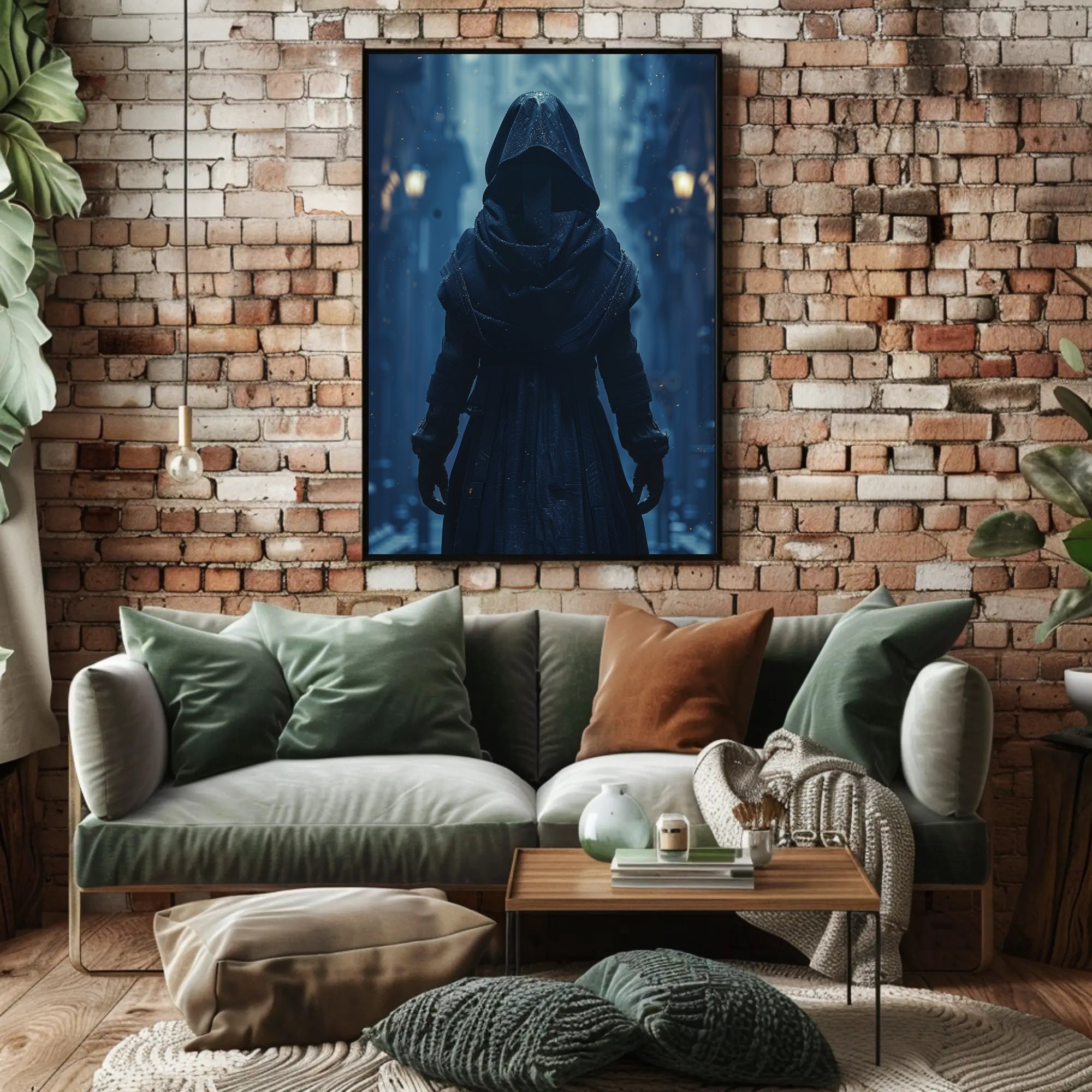 Mysterious Hooded Figure in Fantasy Alleyway Poster PosterGoat