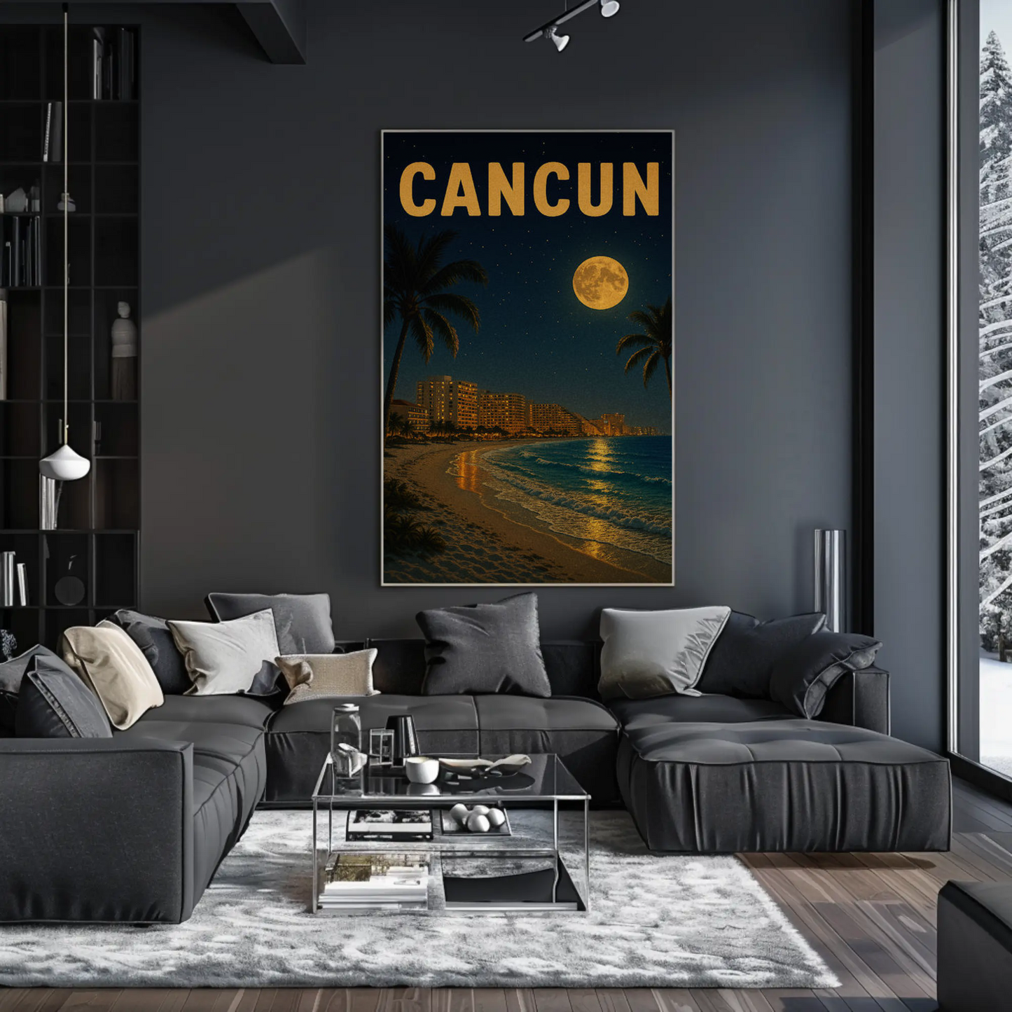 Cancun Beachfront Skyline Moonlight Travel Poster