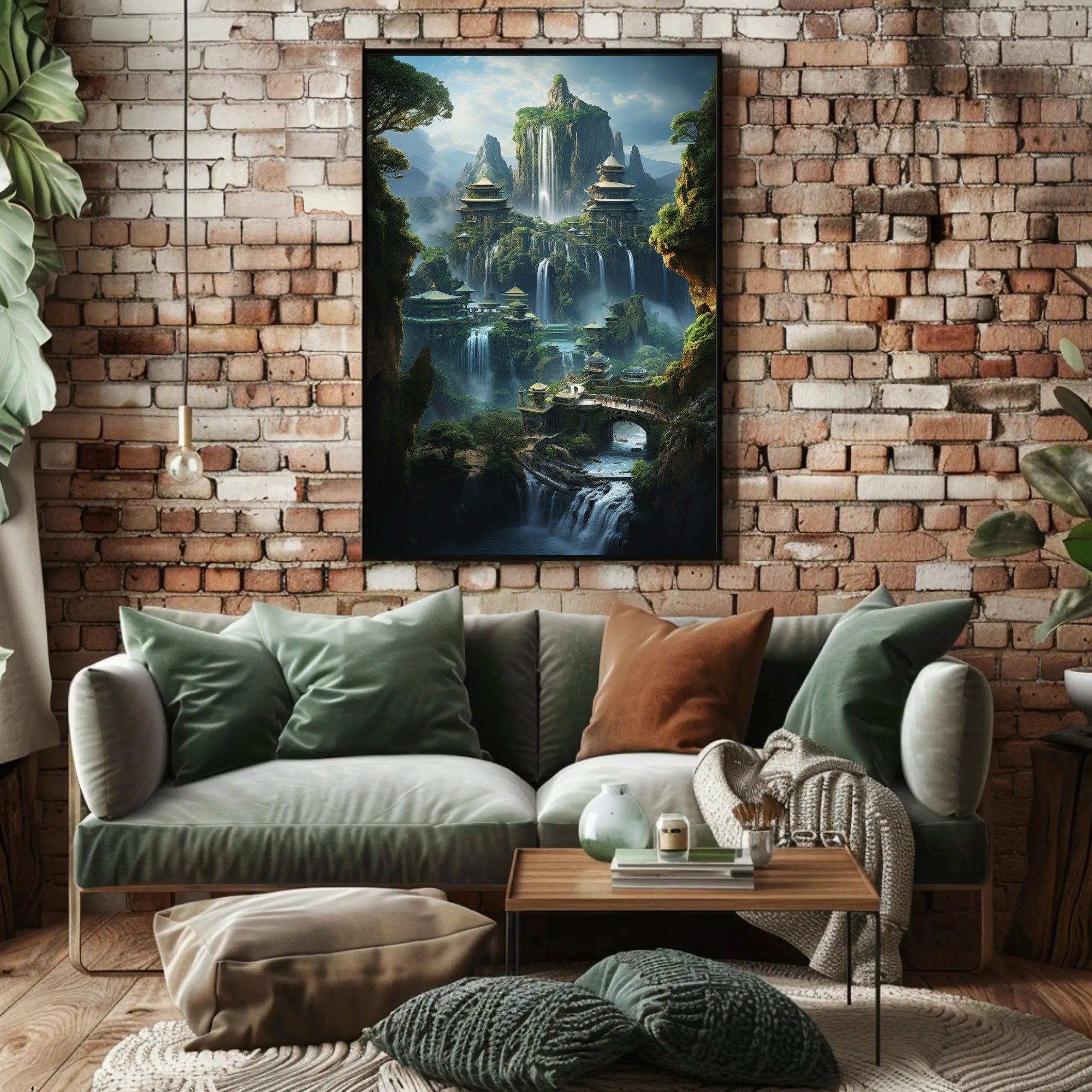 Fantasy Landscape with Pagodas and Waterfalls – Artistic Poster