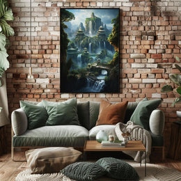 Fantasy Landscape with Pagodas and Waterfalls – Artistic Poster