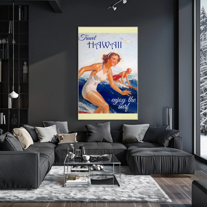 Hawaii Vintage Women Surfing Ocean Retro Travel Poster
