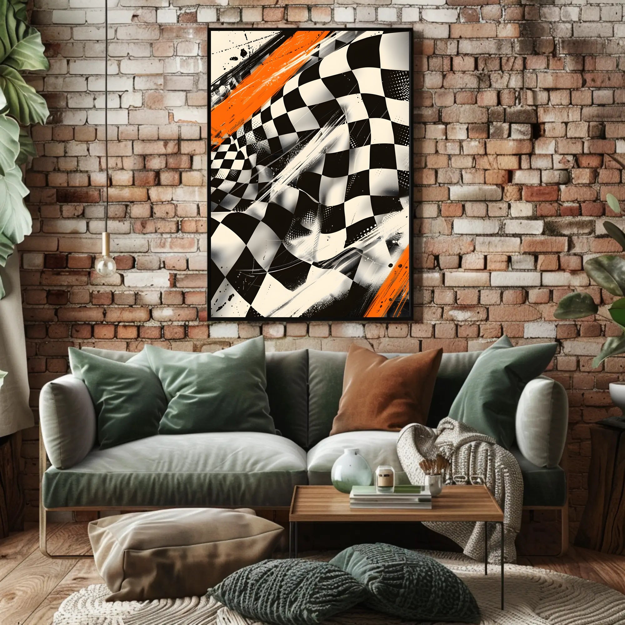 Dynamic Racing Energy: Abstract Poster with Checkered Pattern