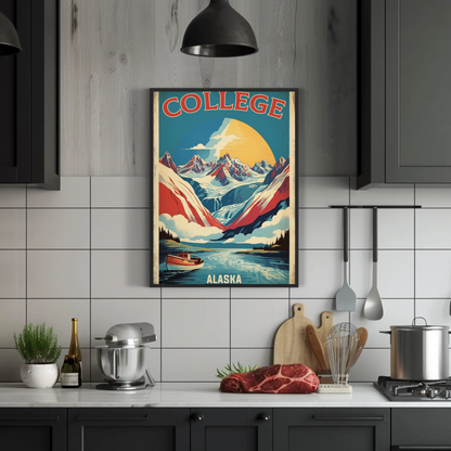 College Alaska Glacier Boat Mountains Sunset Vintage Travel Poster